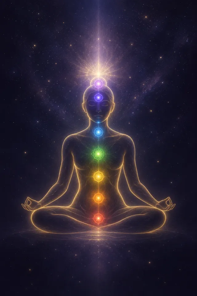 Illustration of a meditating figure with seven glowing chakras